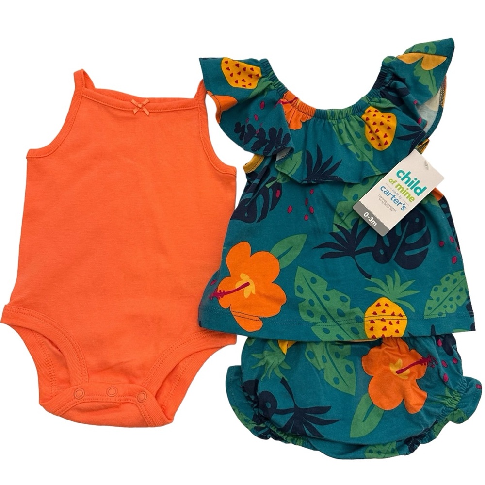 NWT Carter's Child of Mine 3-Piece Peach/Teal Floral Set. 0-3 Months Super Cute!